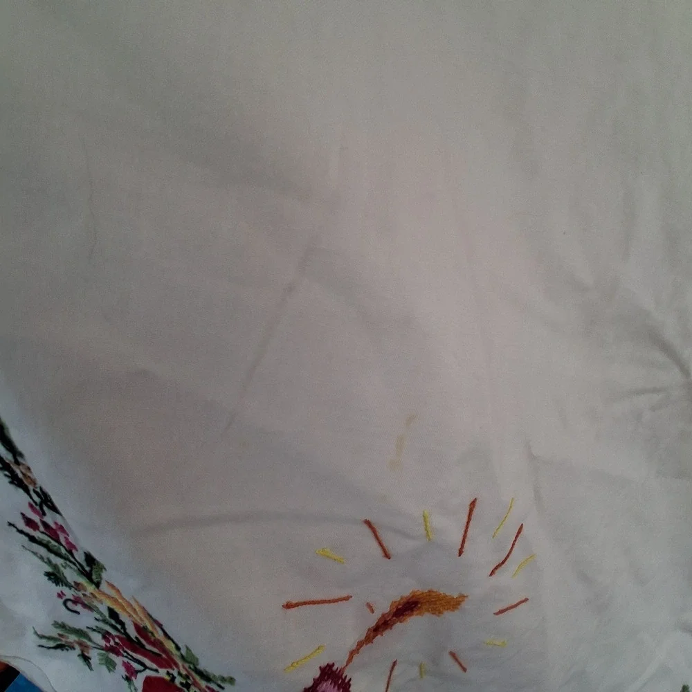 Vintage Christmas Tablecloth Embroidered Poinsettia Candle Bell Scalloped 60x120